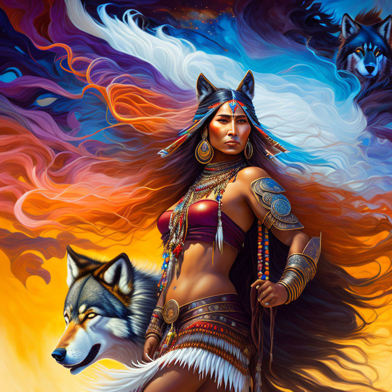 Illustration of stern woman in tribal attire with wolf and mystical spirits