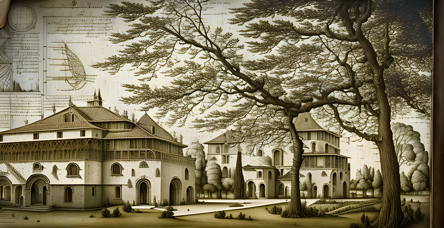 Detailed vintage illustration of historical building complex and botanical elements.