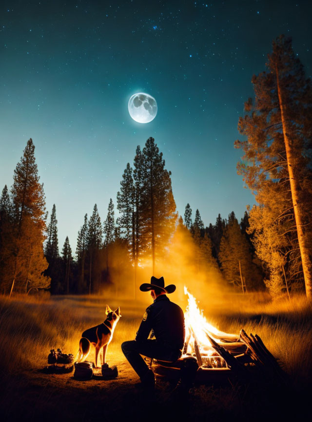 Person in cowboy hat by campfire with dog under starry night sky and full moon.