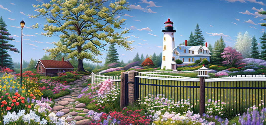 Lighthouse, house, gardens, tree, cobblestone path under clear sky