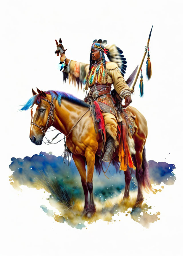 Native American Chief on Horse in Full Regalia