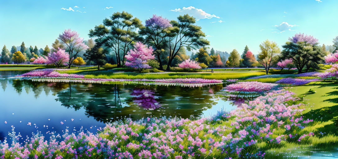 Serene lake landscape with blooming trees