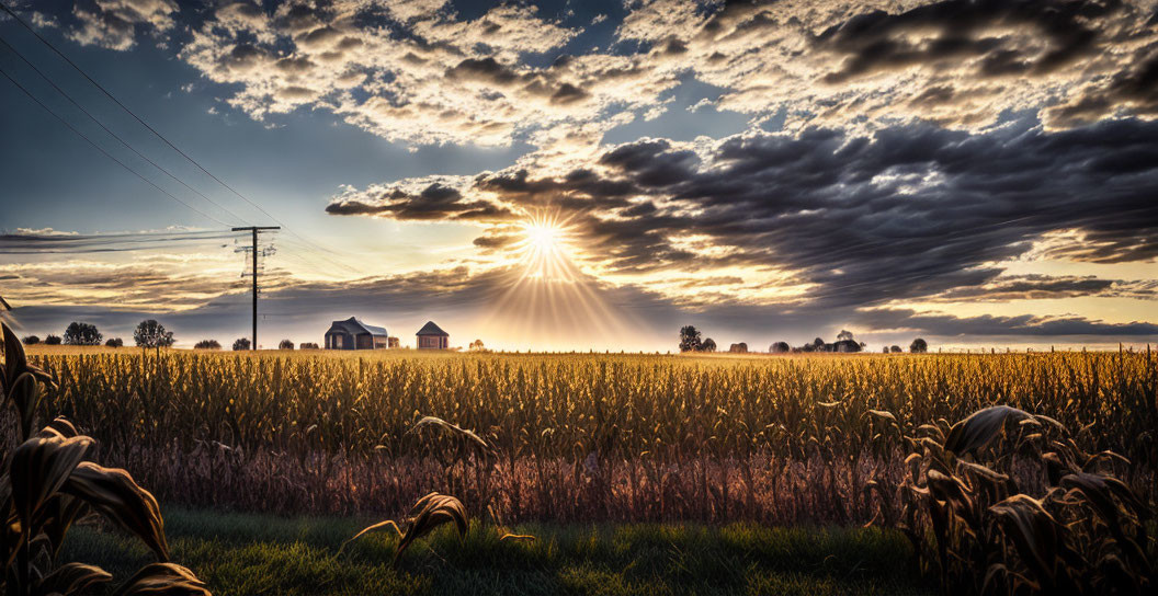 Sunrise panoramic view of cornfield with sunbeams and barn silhouettes