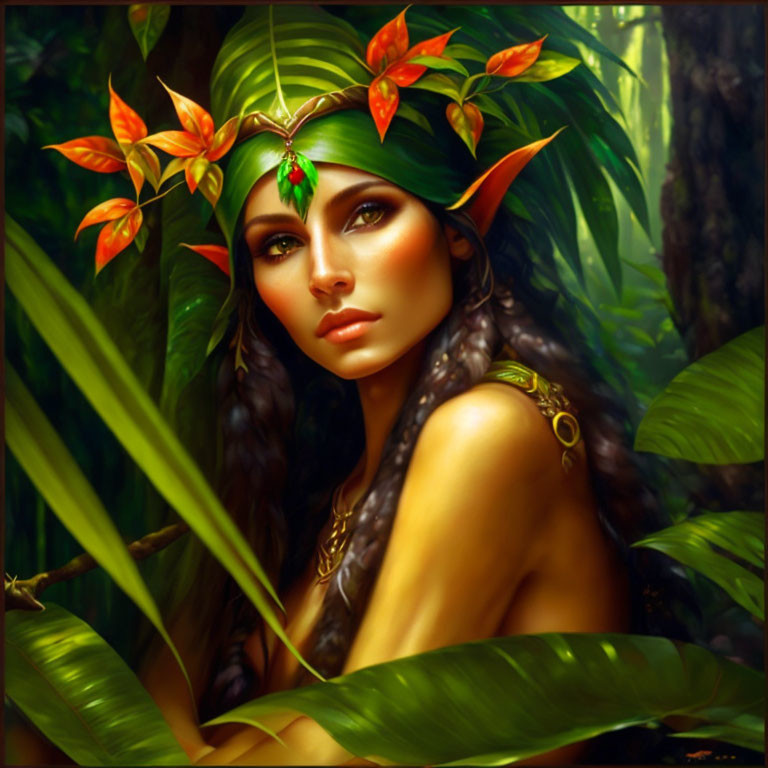 Mystical woman adorned with foliage and jewels in jungle setting