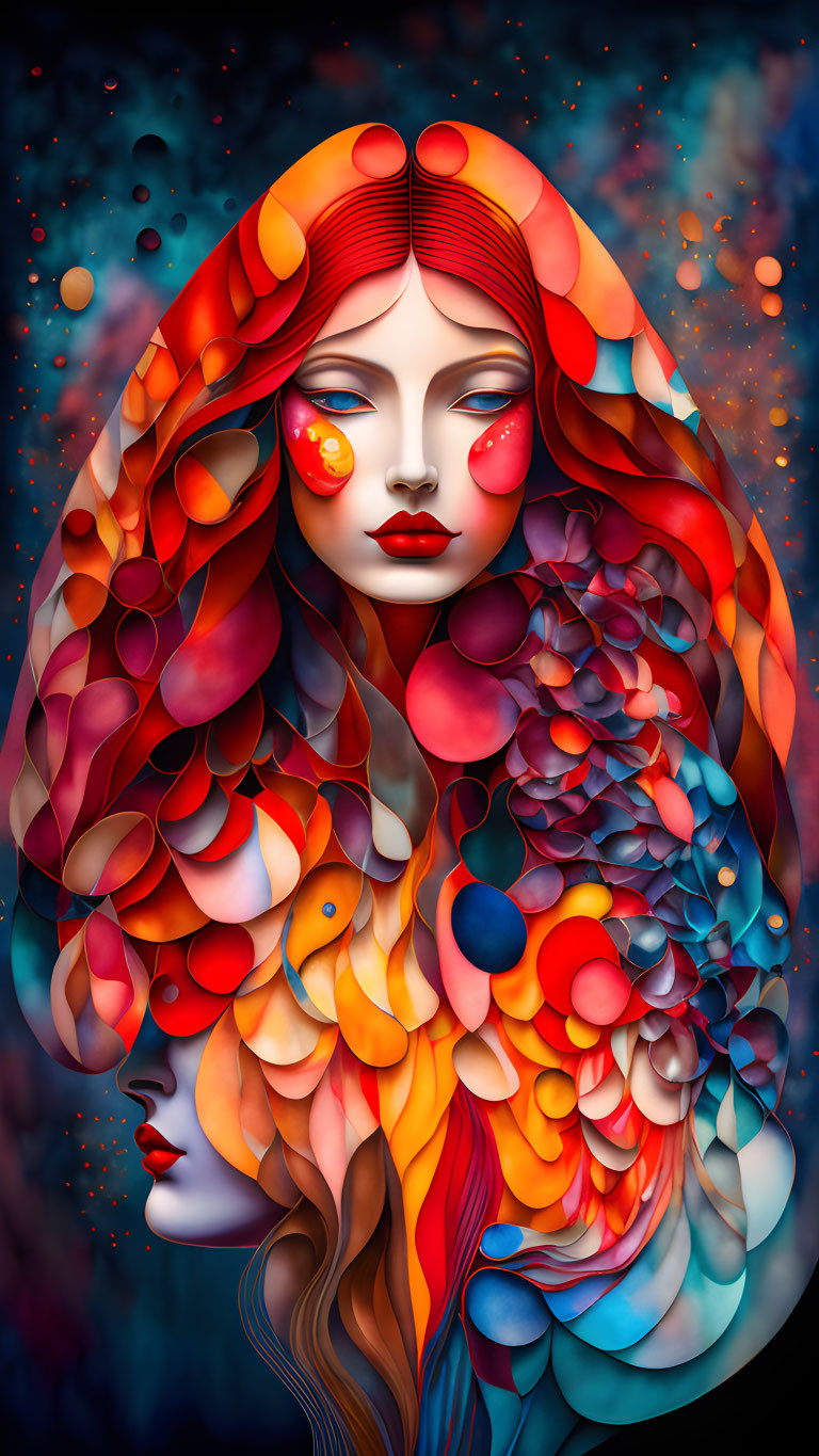 Colorful Digital Art: Woman with Red Hair and Scales on Cosmic Background