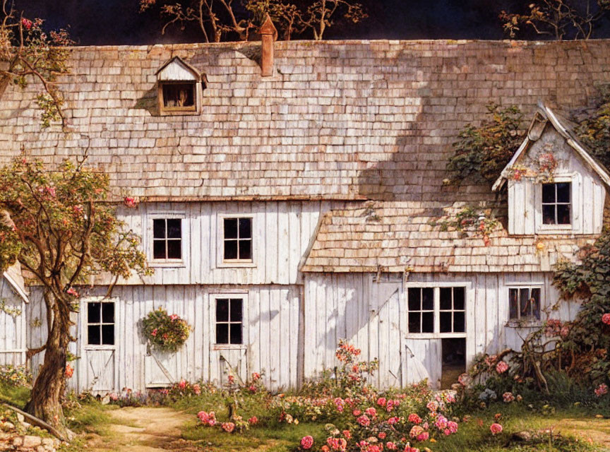 Weathered cottage with pink roses and lush greenery under twilight sky