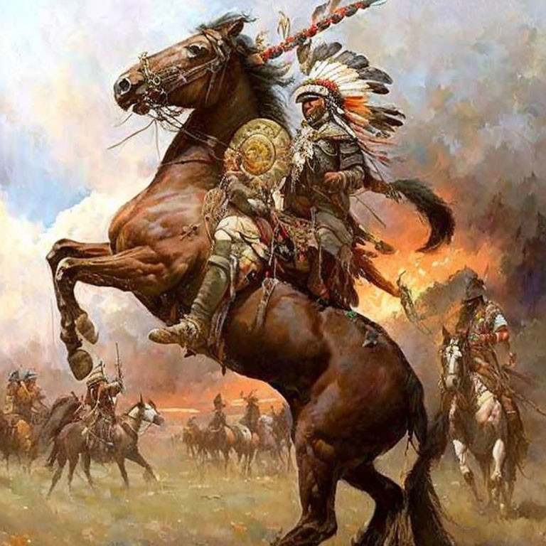 Native American warrior on horseback with shield and spear.