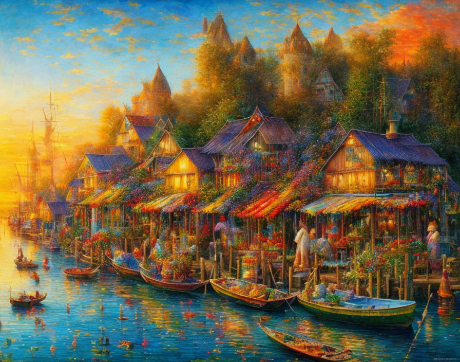 Bustling river market painting with wooden houses, boats, and people at sunset