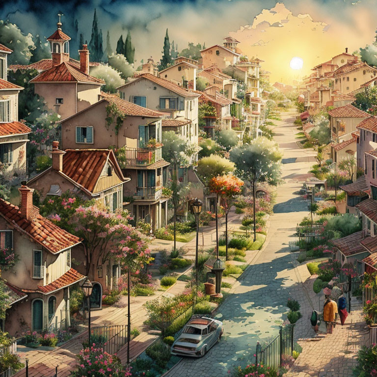 Traditional houses, blooming flowers, and people on a quaint village street at sunset