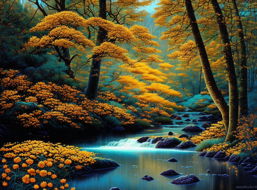 Vibrant forest scene with golden foliage, serene stream, and blooming orange flowers