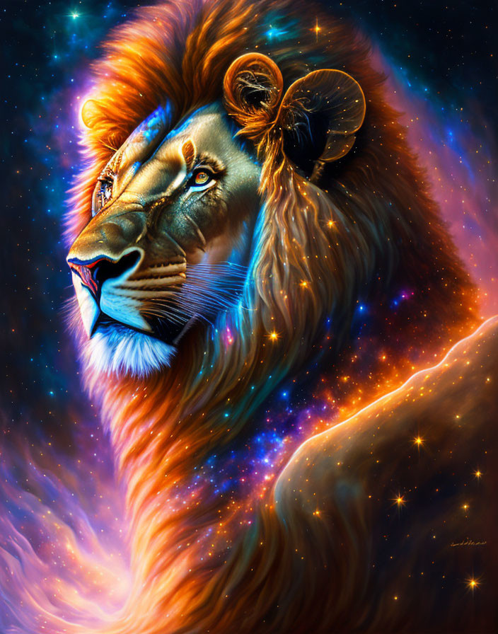 Majestic lion digital painting with cosmic backdrop