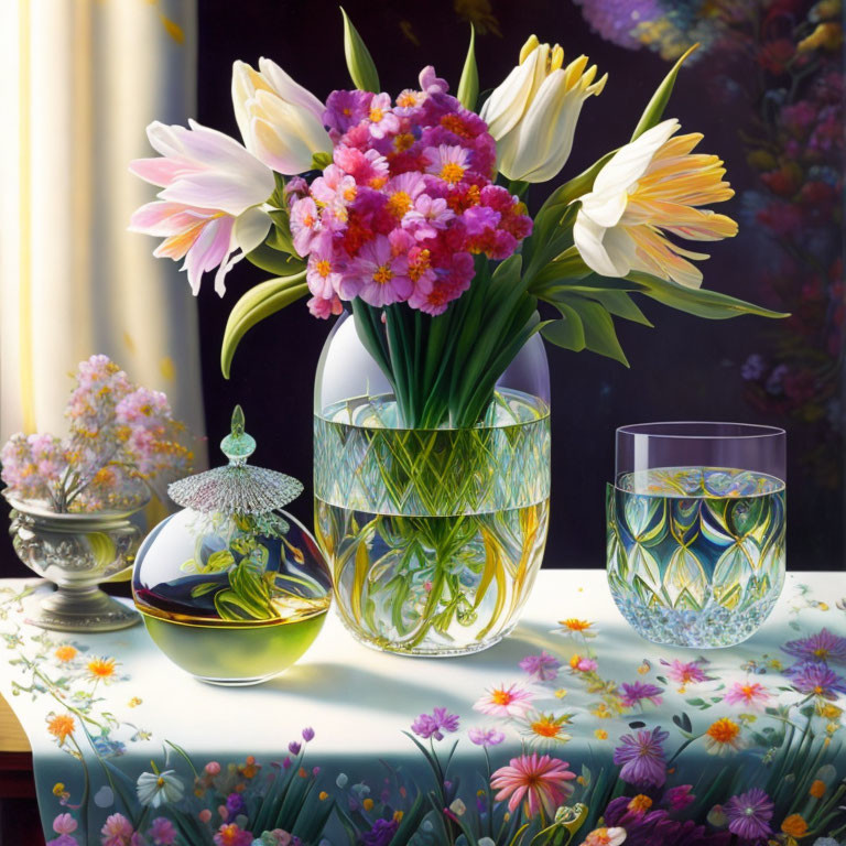 Colorful still life painting with flowers, glass vase, glass ball, and etched glasses on floral