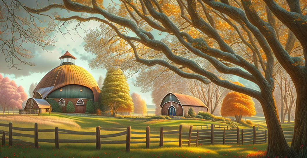 Round barn and shed in autumn setting with glowing sunrise or sunset