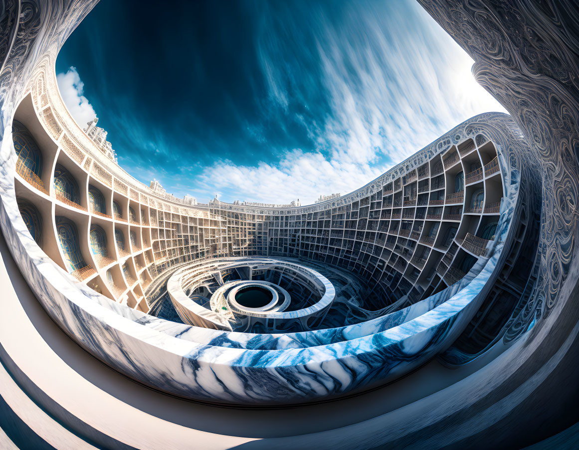 Classical architecture: Distorted panoramic view of grand building with columns, arches, and marble surfaces