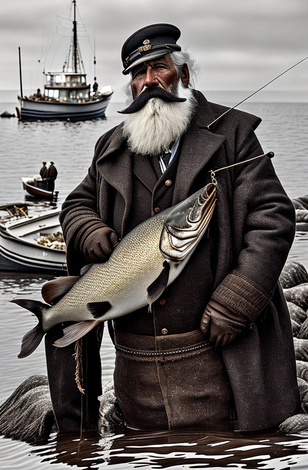 Bearded man in captain's hat with large fish by water and boats