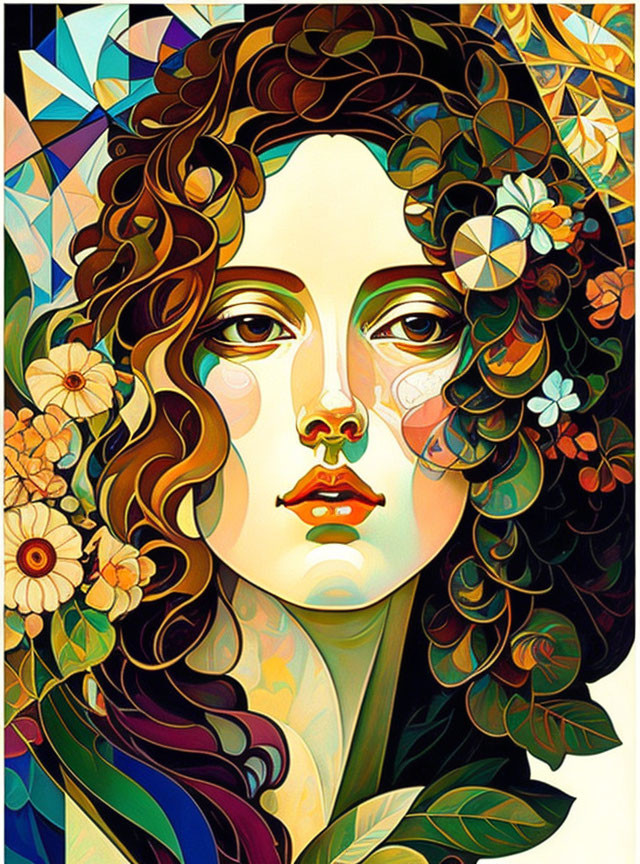 Vibrant portrait of a woman with curly hair and geometric floral designs