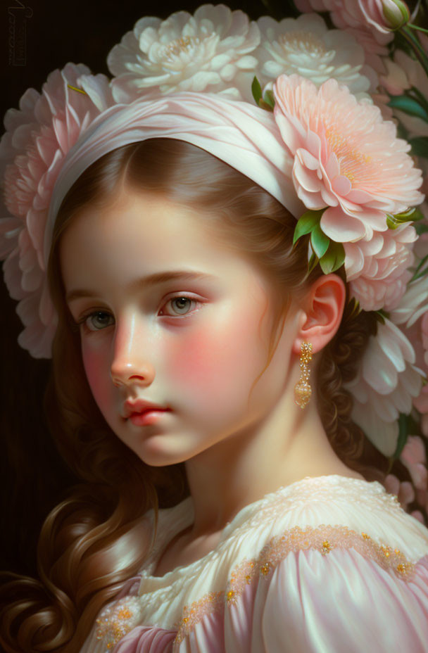 Young girl portrait with pink flower headband and white dress