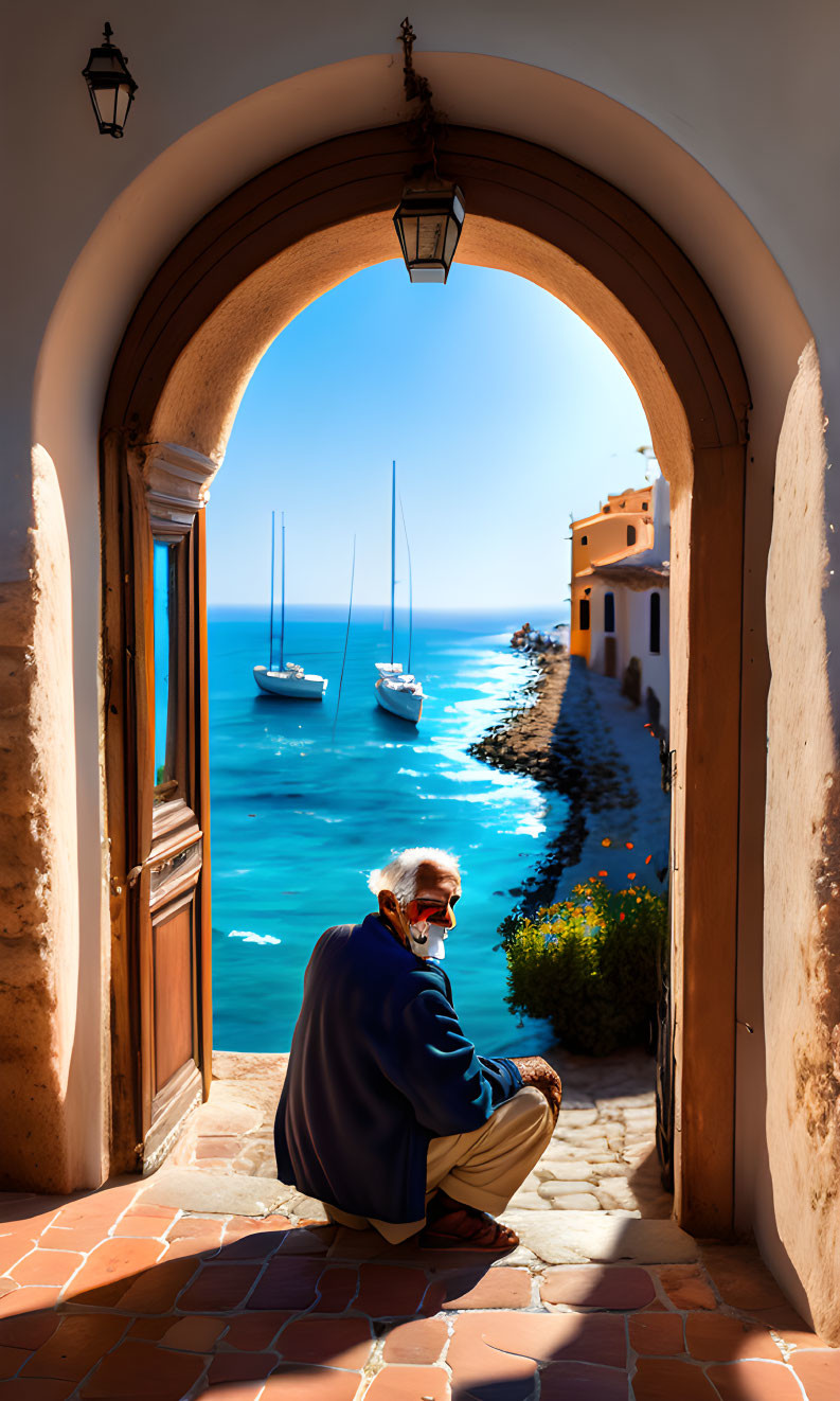 Elderly man squatting in sunlit archway overlooking serene blue sea.