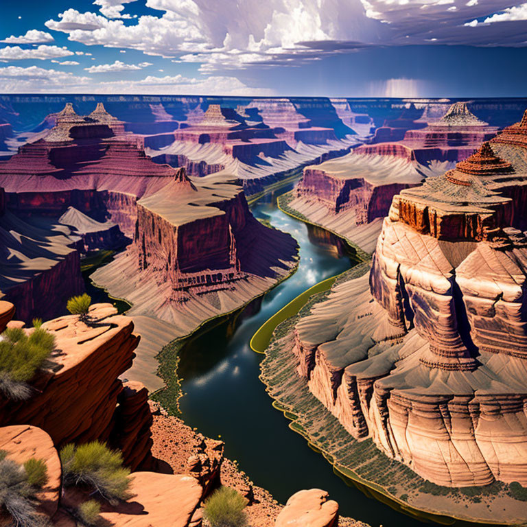 Grand Canyon landscape: Colorado River, red rock formations, cloudy sky