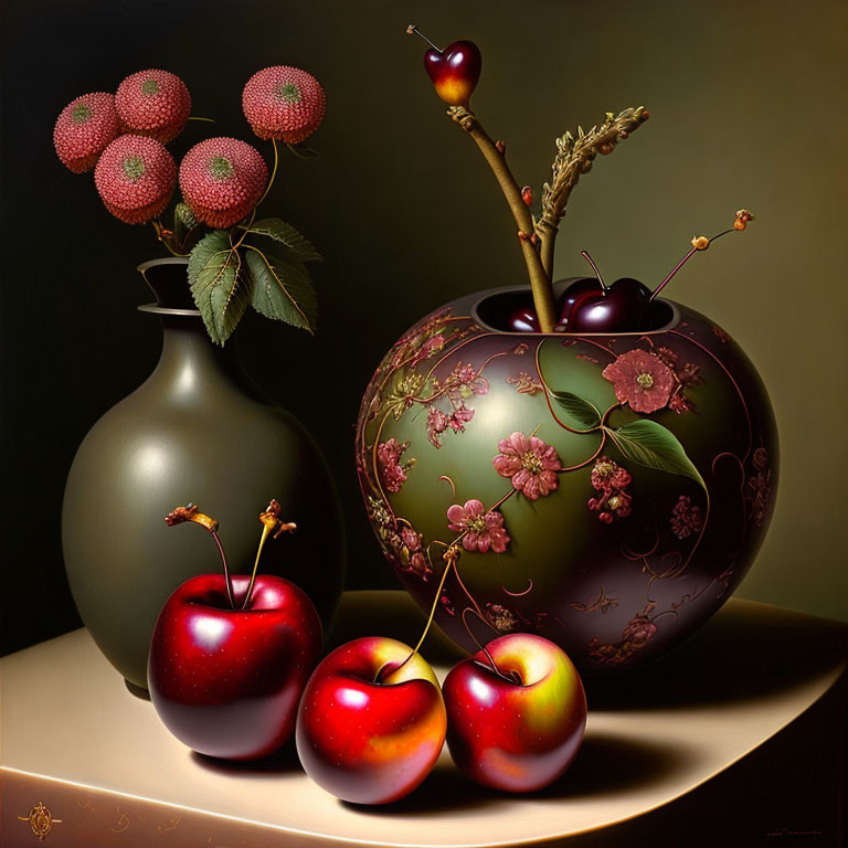 Realistic still-life painting of shiny red apples in bowl with lychee fruits.