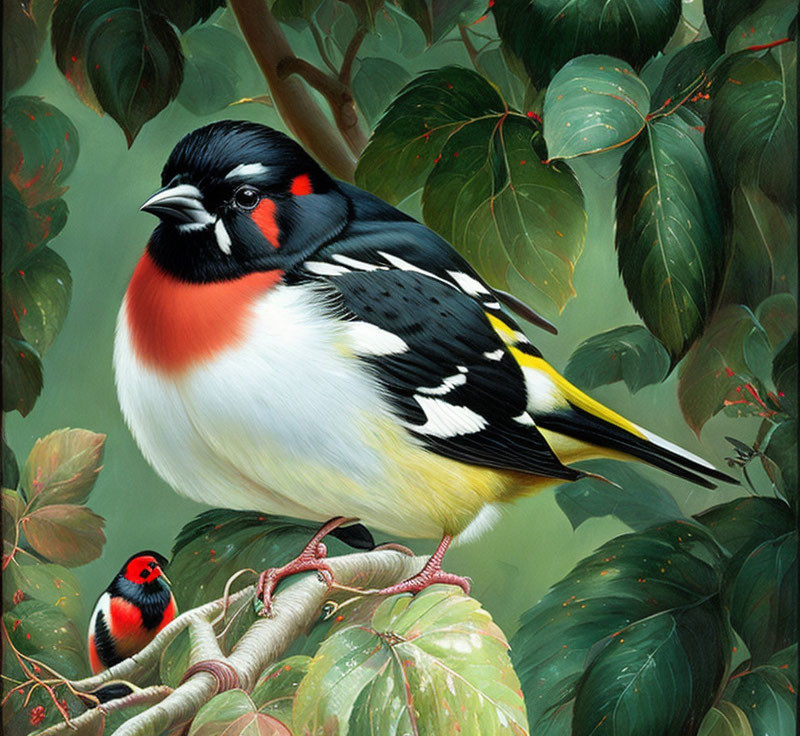 Colorful painting: Two rose-breasted grosbeaks on branches in leafy setting