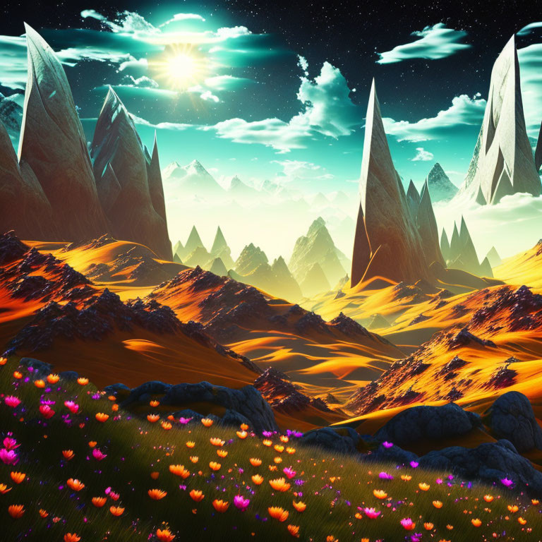 Colorful Fantasy Landscape with Mountains and Sun