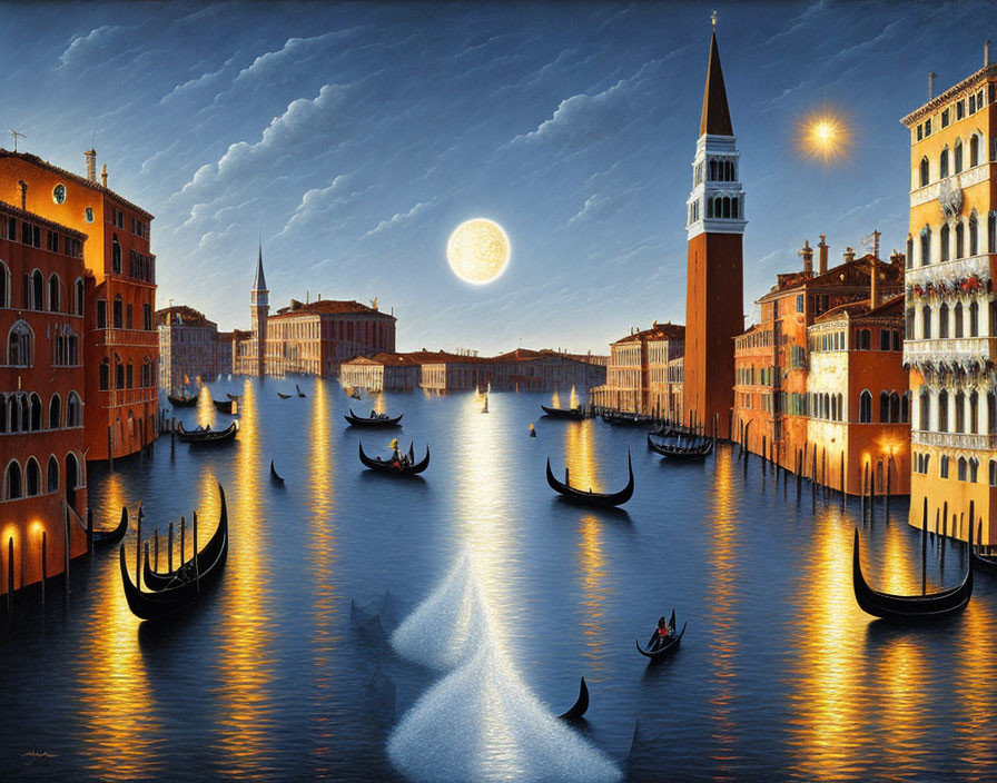 Venetian canal with gondolas under moonlit sky