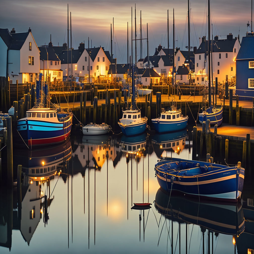 Marina at Twilight: Boats, Houses, Fading Sky