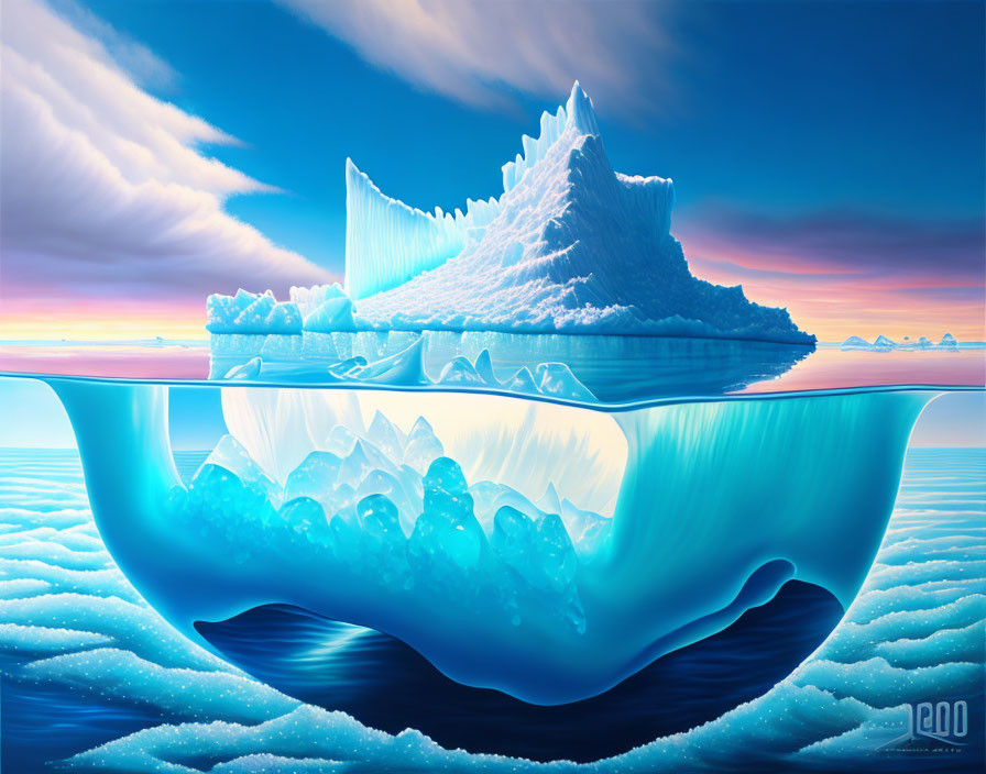 Iceberg Above and Below Water: Serene Blue Sky and Submerged Mass