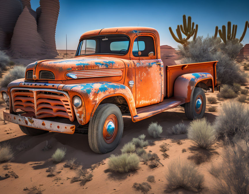 Weathered orange pickup truck in desert landscape with cacti and rocks