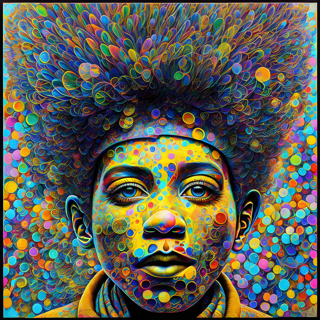 Colorful psychedelic portrait with extravagant afro and intricate patterns.