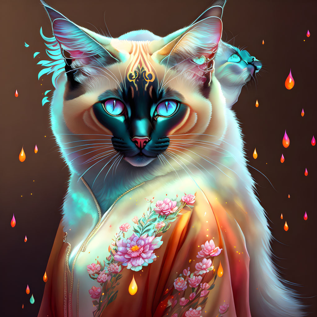 Majestic cat illustration with blue eyes and floral cloak against abstract background