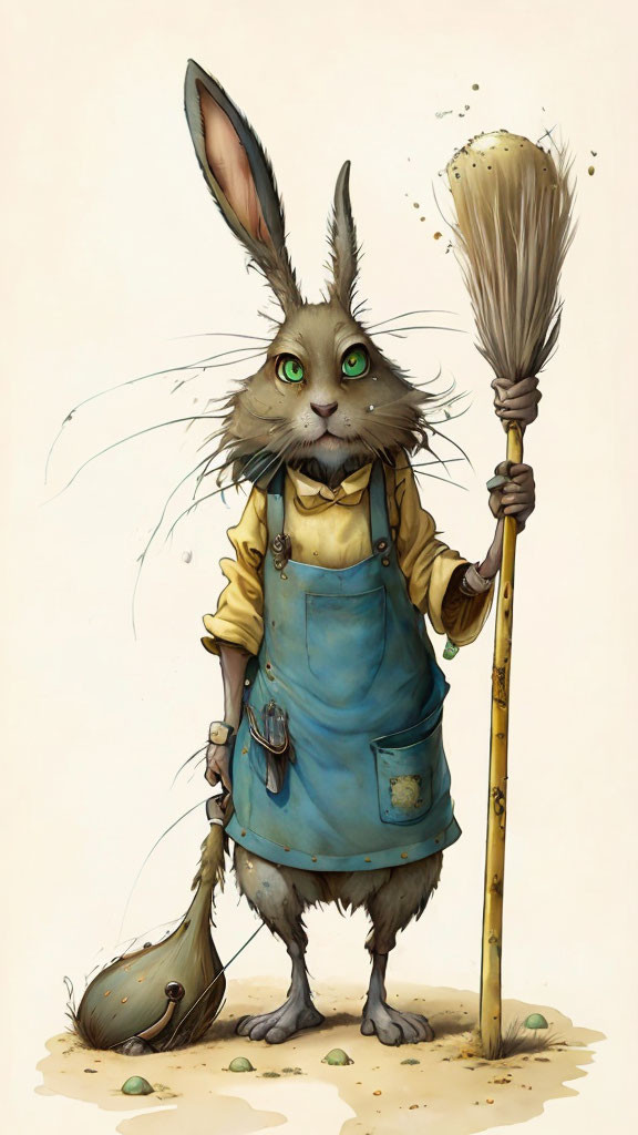 Anthropomorphic rabbit in blue apron with broom and dustpan