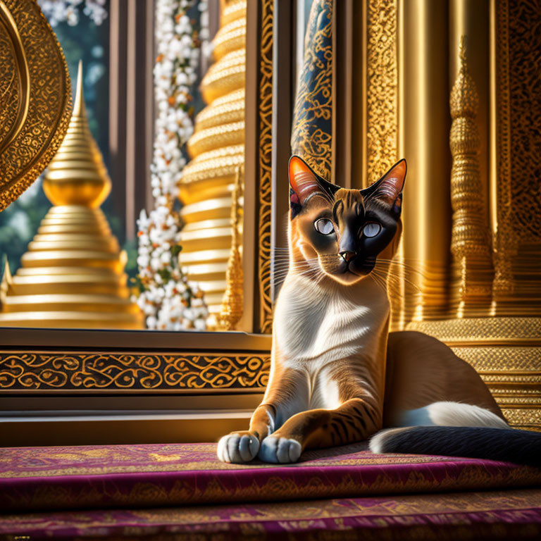 Siamese Cat with Blue Eyes on Purple Fabric by Window with Temple View