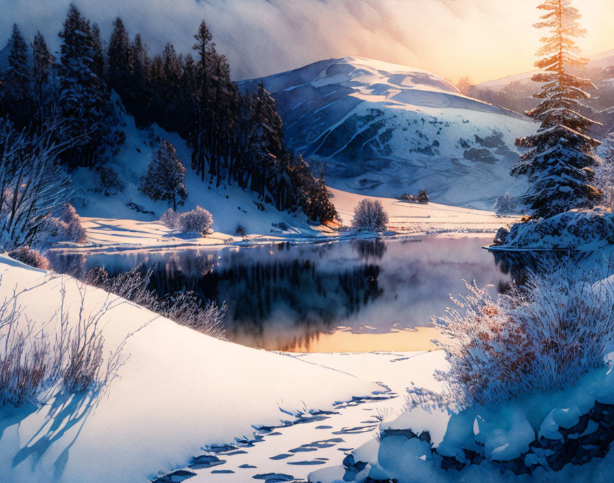 Snow-covered Winter Landscape: Lake Reflection at Sunrise or Sunset