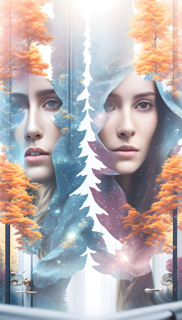 Conceptual portrait split: woman with autumn leaves & warm tones, woman with winter snowflakes &