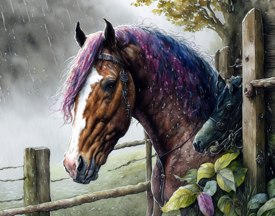 Colorful maned horse by fence in rain with water droplets on coat