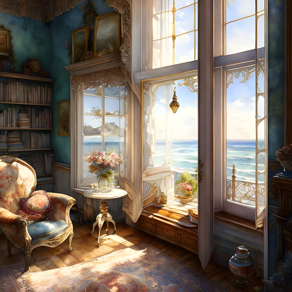 Vintage Room with Sea View, Elegant Furnishings, Bookshelves, and Sunlit Flowers