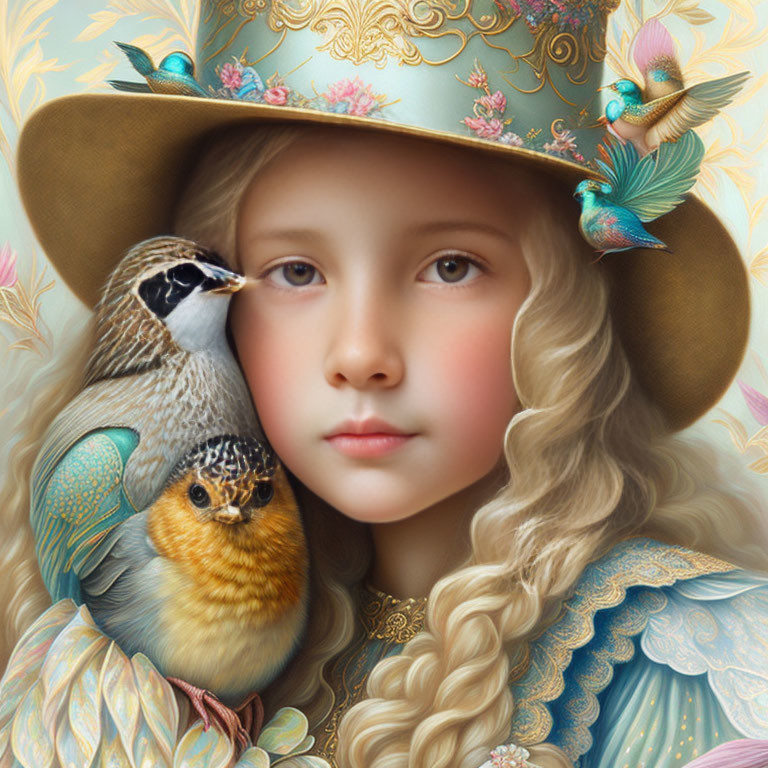 Detailed Illustration: Young Girl with Wavy Hair & Ornate Bird-Adorned Hat