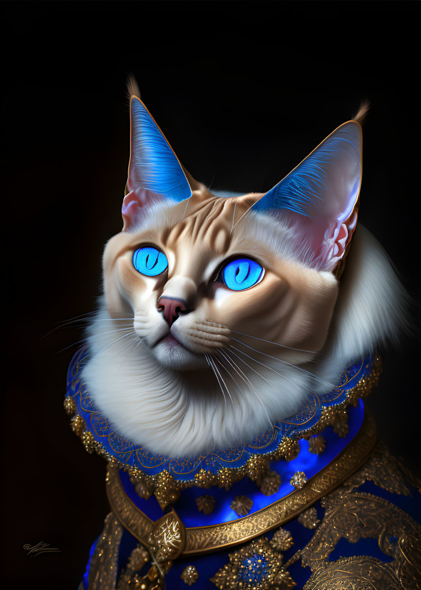 Regal cat illustration in blue and gold renaissance attire