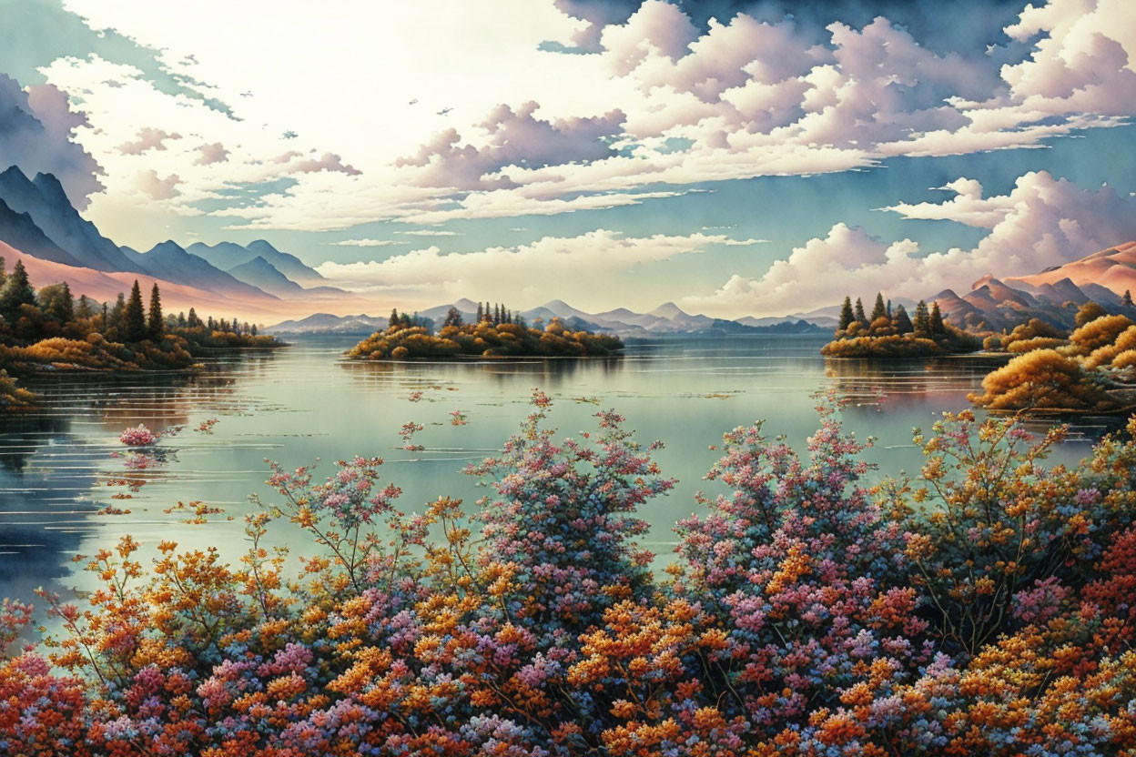 Tranquil lake scene with mountains and colorful flora