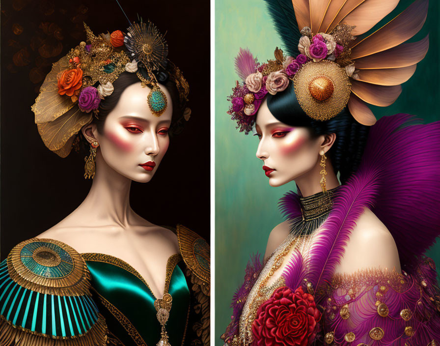 Stylized portraits of a woman with intricate headdresses and vibrant makeup