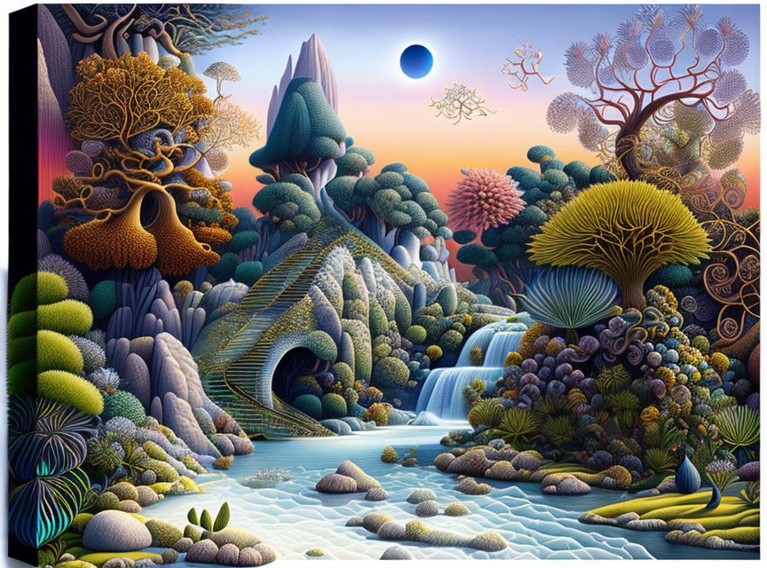 Surreal landscape with stylized trees, waterfalls, and mountains