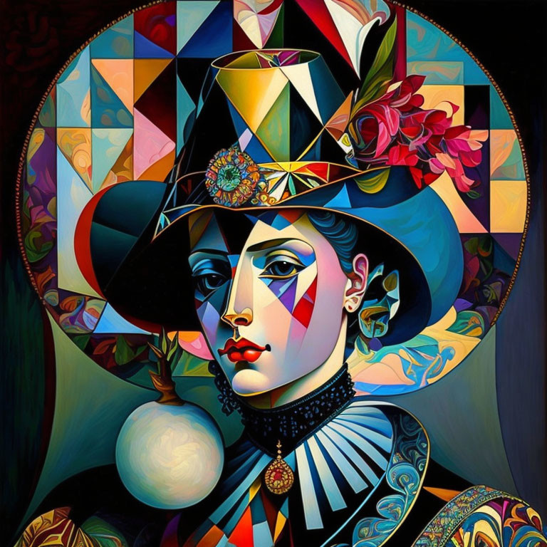 Colorful Geometric Portrait of Woman in Wide-Brimmed Hat with Floral Adornments