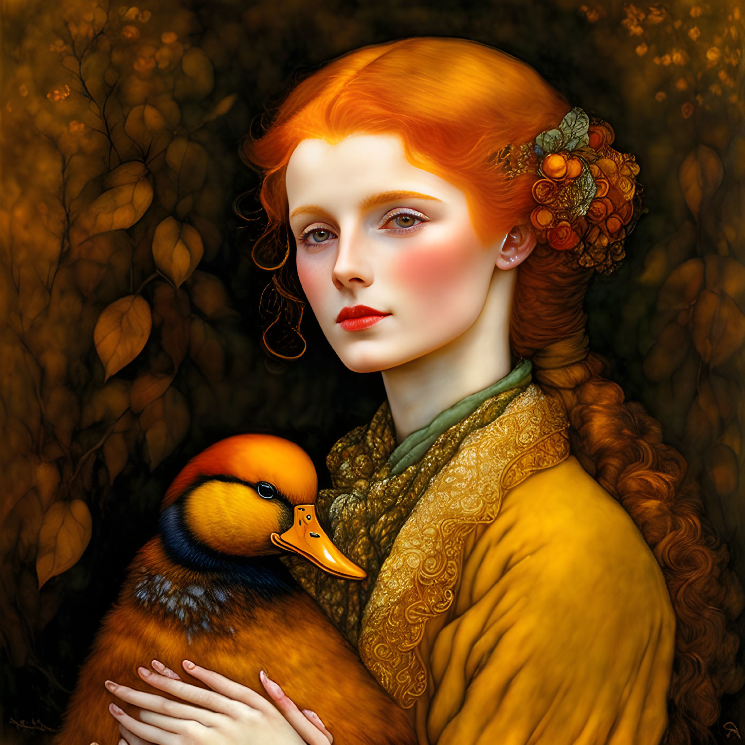 Red-haired woman with floral hair holding mandarin duck in golden background