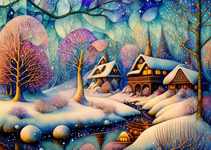 Colorful Winter Scene: Snowy Cottages, Frozen Stream, Starlit Night