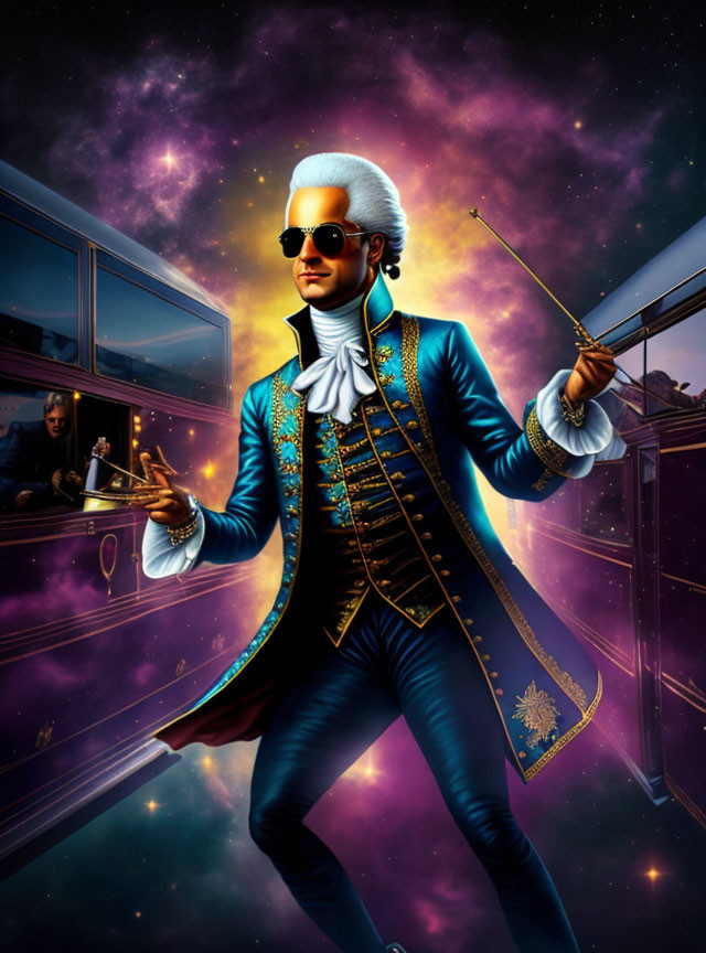 Stylish man in 18th-century attire with conductor's baton, cosmic background, and