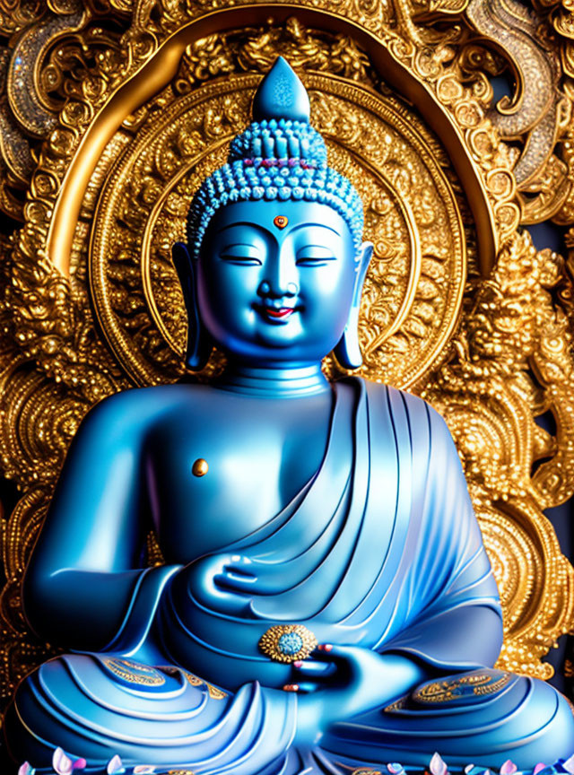 Blue and Gold Buddha Statue in Lotus Position with Intricate Golden Patterns