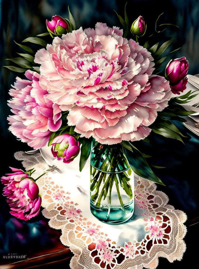 Pink peonies bouquet in glass vase on lace doily against dark backdrop