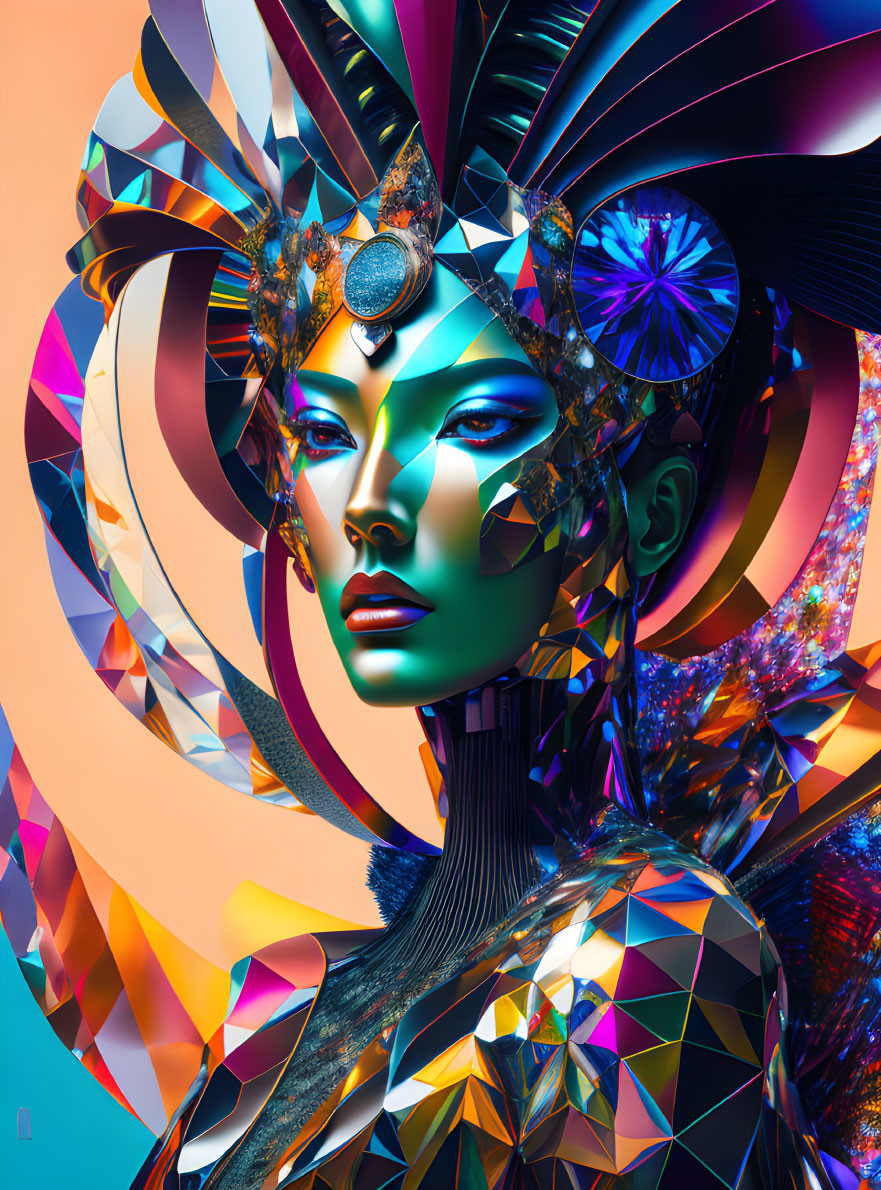 Abstract geometric art of a futuristic female figure with vibrant headdress.